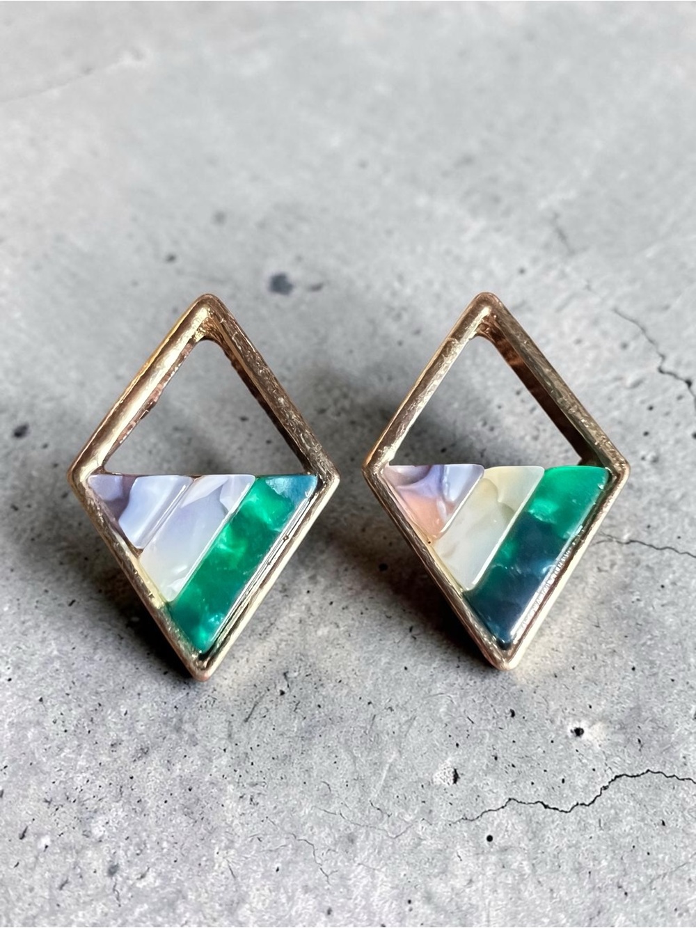 Gold-Tone Geometric Inlay Stud Earrings - Green & Pastel
